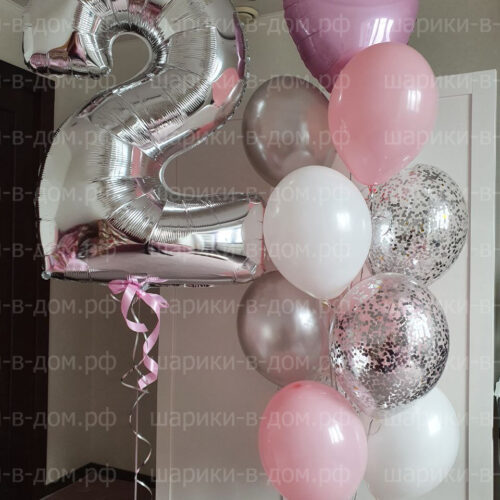 Набор классический нежный на 2 года дочке, девочке розовые , белые, серебряные шарики