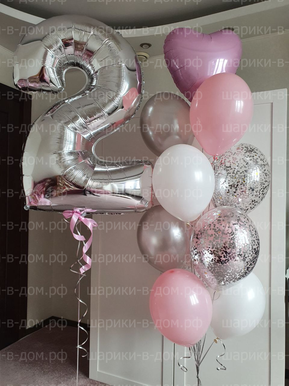 Набор классический нежный на 2 года дочке, девочке розовые , белые, серебряные шарики