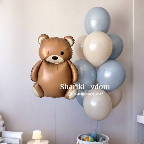 Классическая выписка сына, мальчика ретро голубой и бежевый с фигурой мишка барни коричневый - 11шаров