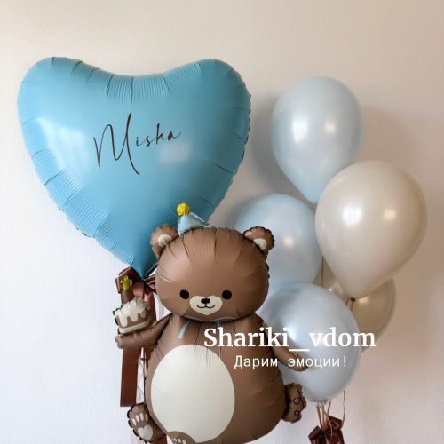 Воздушные шарики в роддом, на выписку сына, мальчика , на рождение мальчика с фигурой Мишка